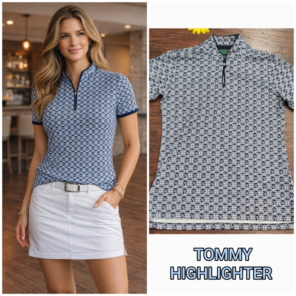 Tommy Hilfiger Navy and White Geometric Short Sleeve Polo
